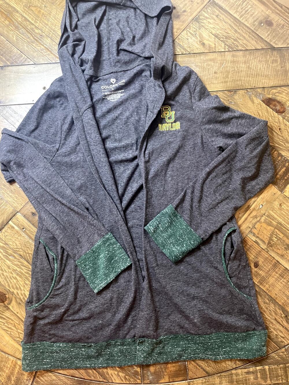Colosseum Baylor Bears Heather Gray Lightweight Hooded Open Front Cardigan Lg